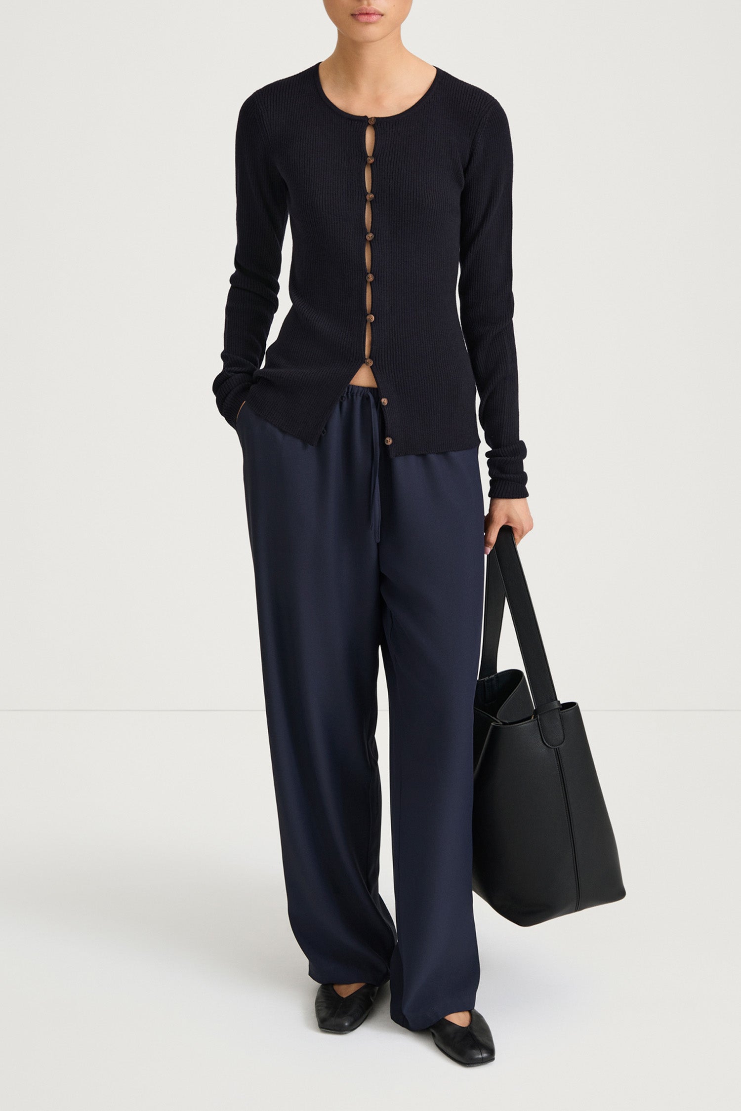 Navy buttoned cardigan stylein hamani front model image