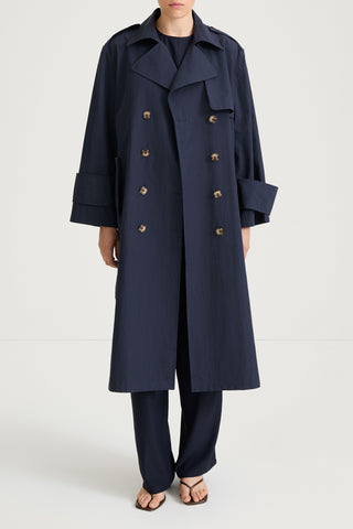 Navy trench coat siena midnight stylein front model image