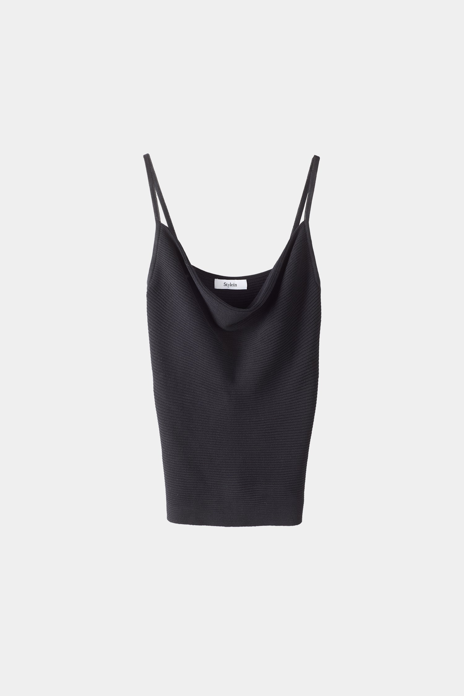 Palora top fine knitted straps straight neckline draped front black stylein packshot