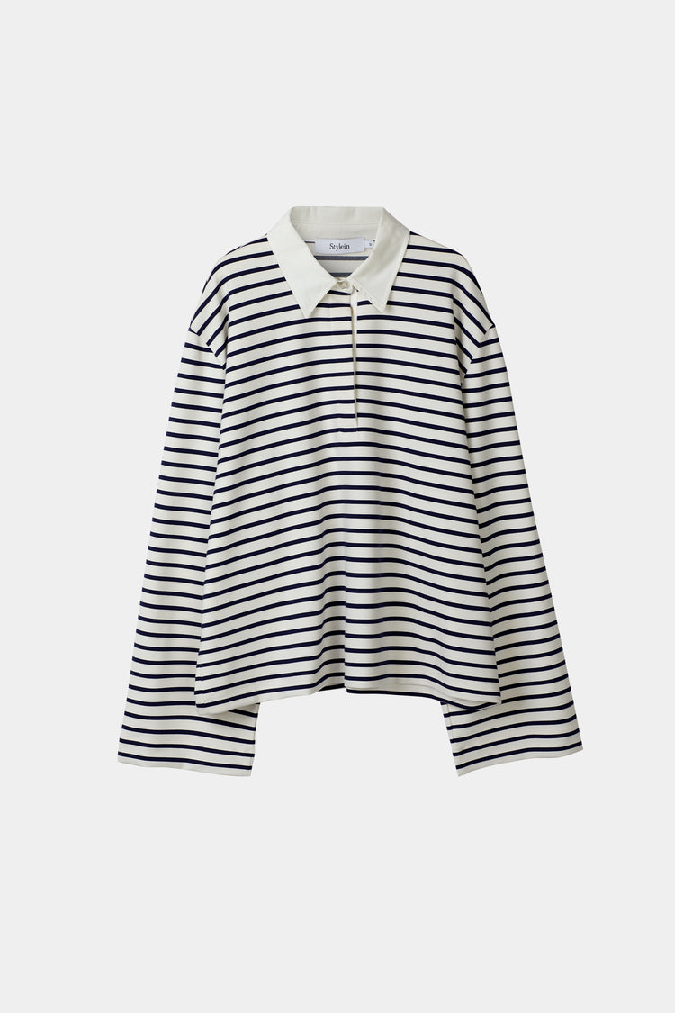 Janelle striped top v-neck collar longsleeve white navy stylein packshot