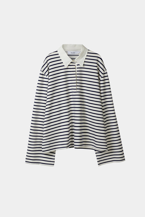 Janelle striped top v-neck collar longsleeve white navy stylein front model image