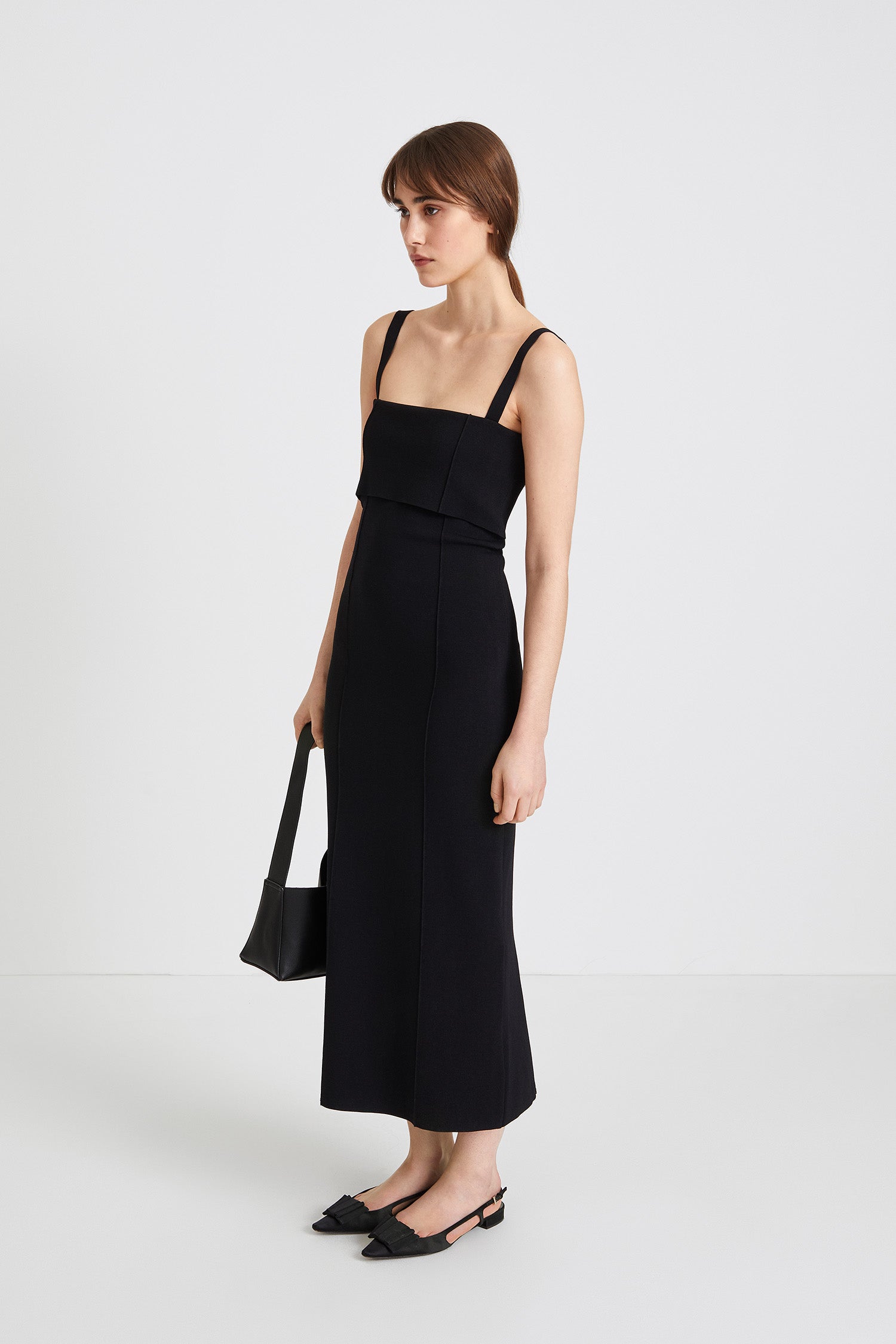 Peg dress ankle length knit double folded front square neckline black stylein side image
