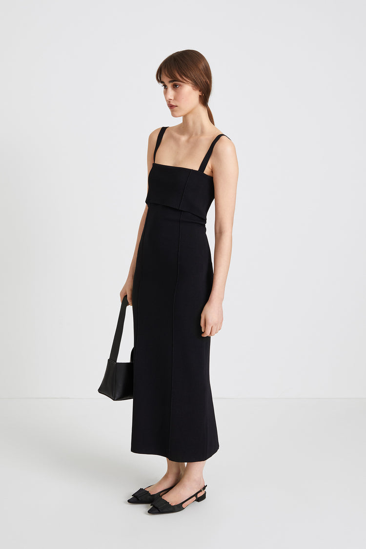 Peg dress ankle length knit double folded front square neckline black stylein side image