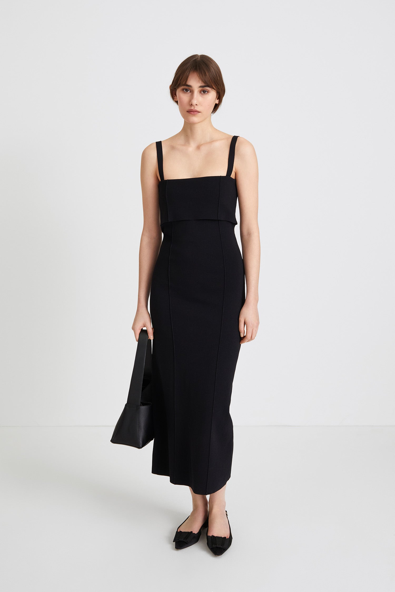 Peg dress ankle length knit double folded front square neckline black stylein front image