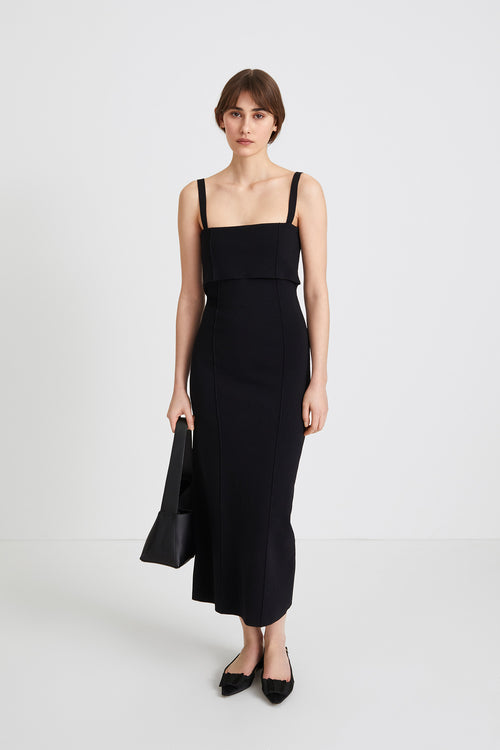 Peg dress ankle length knit double folded front square neckline black stylein front image