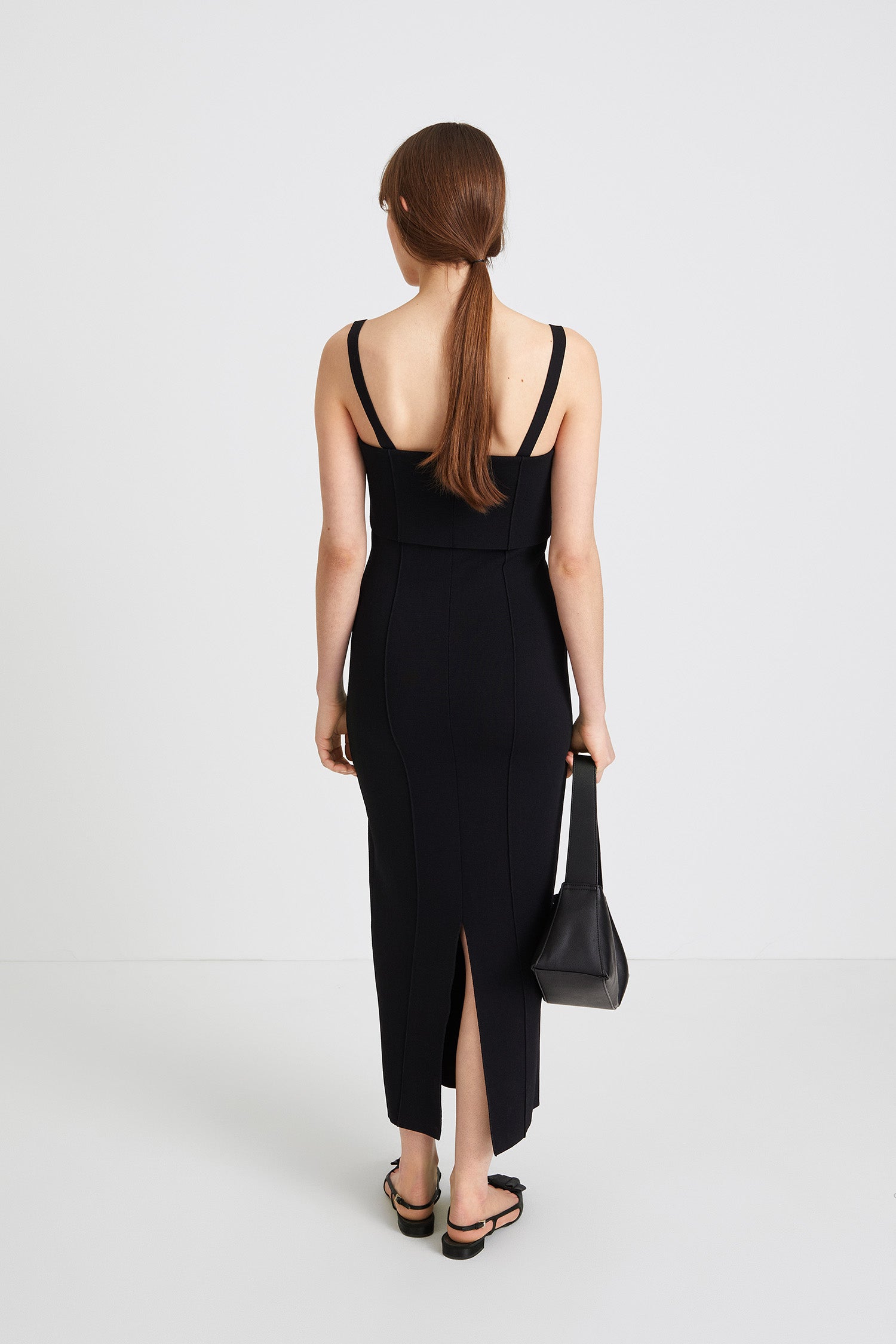 Peg dress ankle length knit double folded front square neckline black stylein back image 