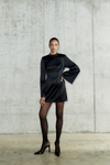 Bernalda dress shiny fabric short semi fitted  collar stand neckline thin shoulder pads flared full length sleeves black stylein imagery