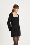 Brenda dress short crepe arched neckline long sleeved cinched waist black stylein side image