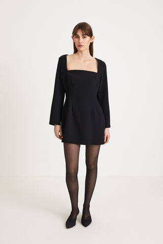 Brenda dress short crepe arched neckline long sleeved cinched waist black stylein front image 