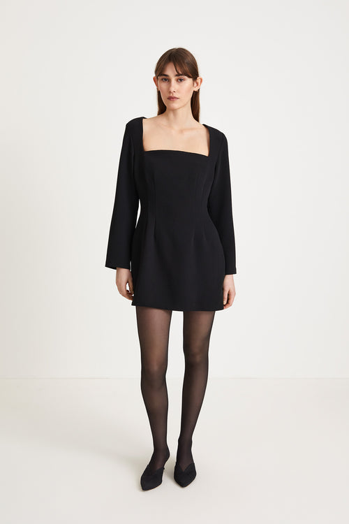 Brenda dress short crepe arched neckline long sleeved cinched waist black stylein front image 