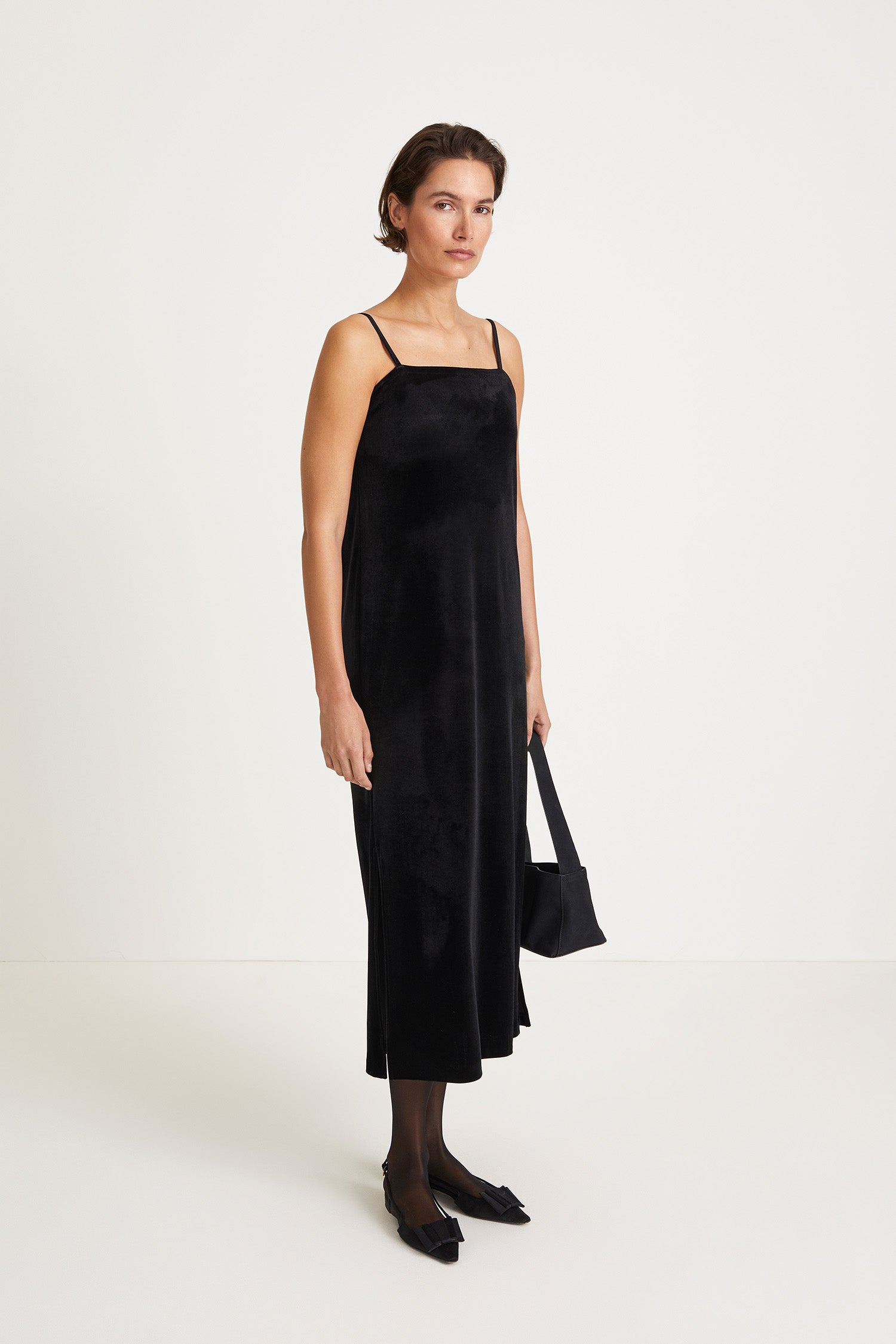 Cuneo dress velvet ankle length slip straps square neckline black stylein side image