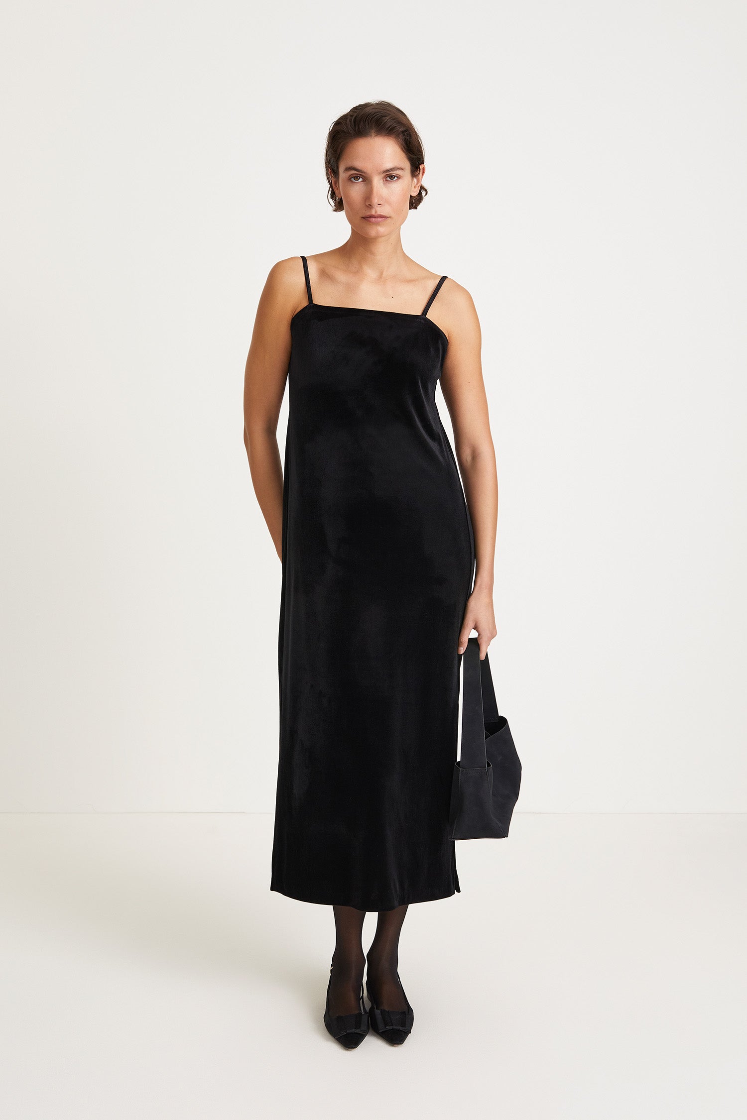 Cuneo dress velvet ankle length slip straps square neckline black stylein front image