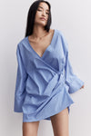 Jordana shirt dress voluminous asymmetrical v neck pleats wide cuff blue stripe stylein front image