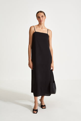 Melody dress matt chiffon slip straps square neckline deep cowl neckline back horizontal strap black stylein front image