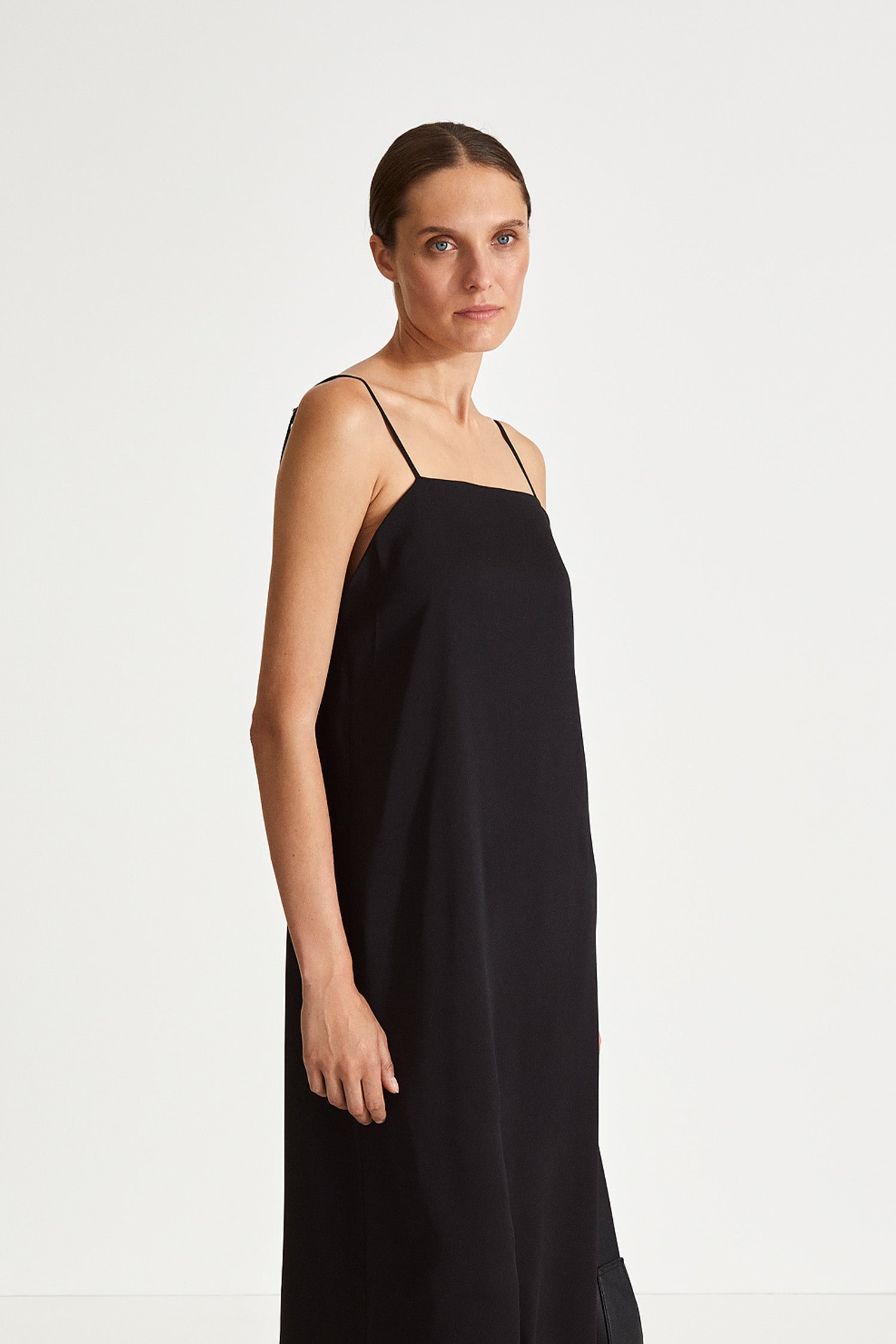 Melody dress matt chiffon slip straps square neckline deep cowl neckline back horizontal strap black stylein side image