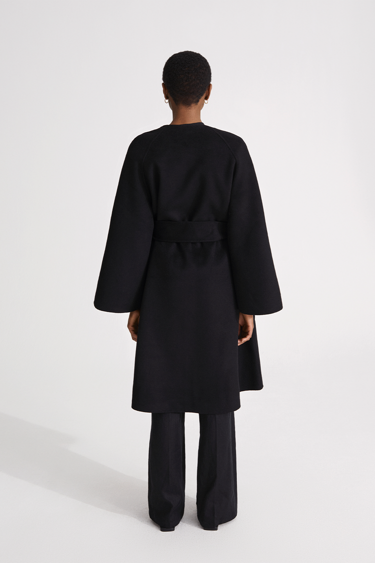 Trento coat long kimono inspired dropped shoulders flared full length sleeves attached belt wool mix black stylein back image
