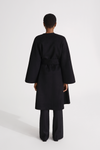 Trento coat long kimono inspired dropped shoulders flared full length sleeves attached belt wool mix black stylein back image