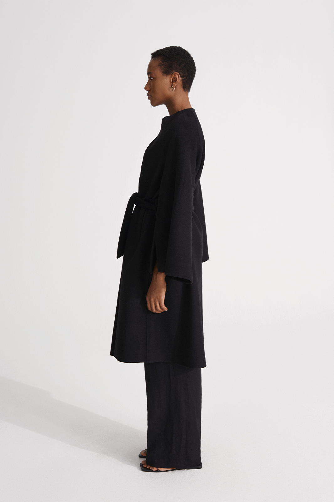 Trento coat long kimono inspired dropped shoulders flared full length sleeves attached belt wool mix black stylein side image
