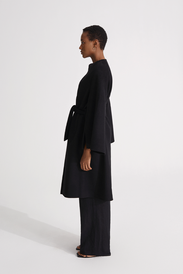 Trento coat long kimono inspired dropped shoulders flared full length sleeves attached belt wool mix black stylein side image