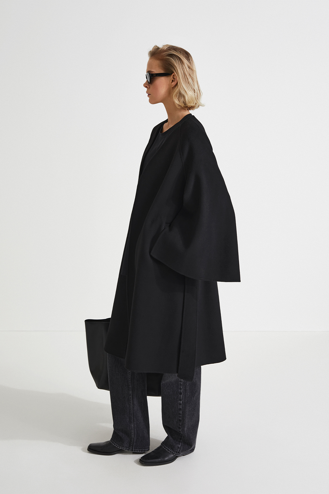 Trento coat long kimono inspired dropped shoulders flared full length sleeves attached belt wool mix black stylein side image