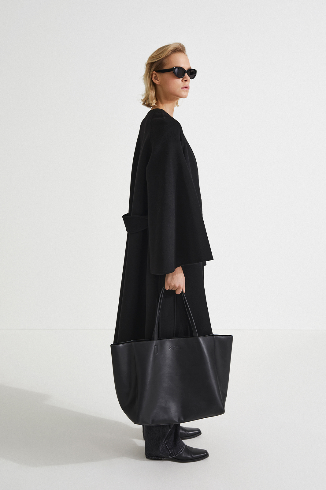 Trento coat long kimono inspired dropped shoulders flared full length sleeves attached belt wool mix black stylein side image