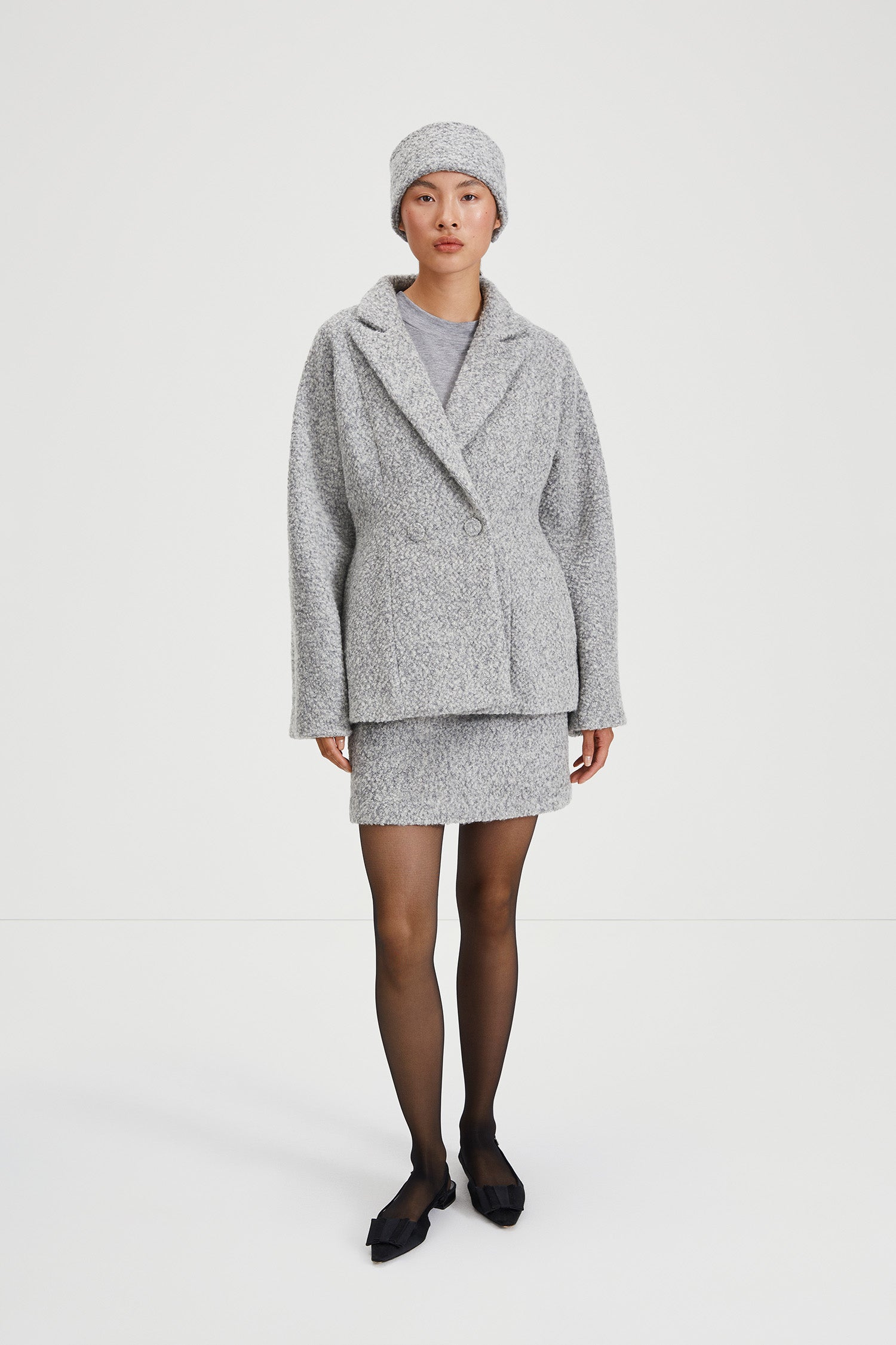 Hilma jacket tailored cinched waist boucle double breasted closure grey stylein front image