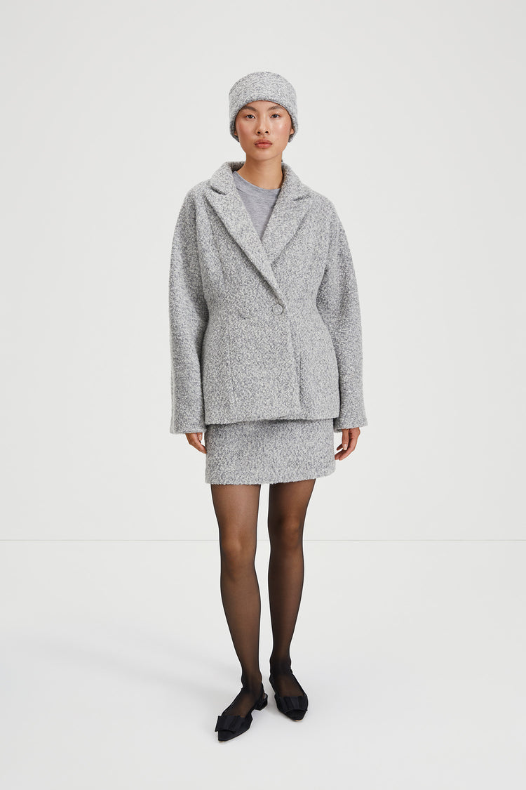 Hilma jacket tailored cinched waist boucle double breasted closure grey stylein front image