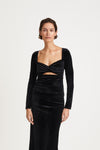 Campi top fitted velvet twisted detail front cut out long sleeves black stylein front image