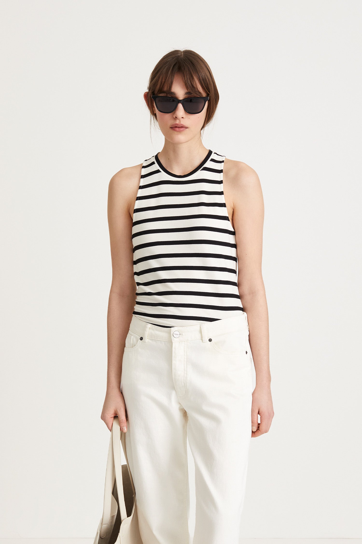Case tank top fitted round neck jersey black white striped stylein front image