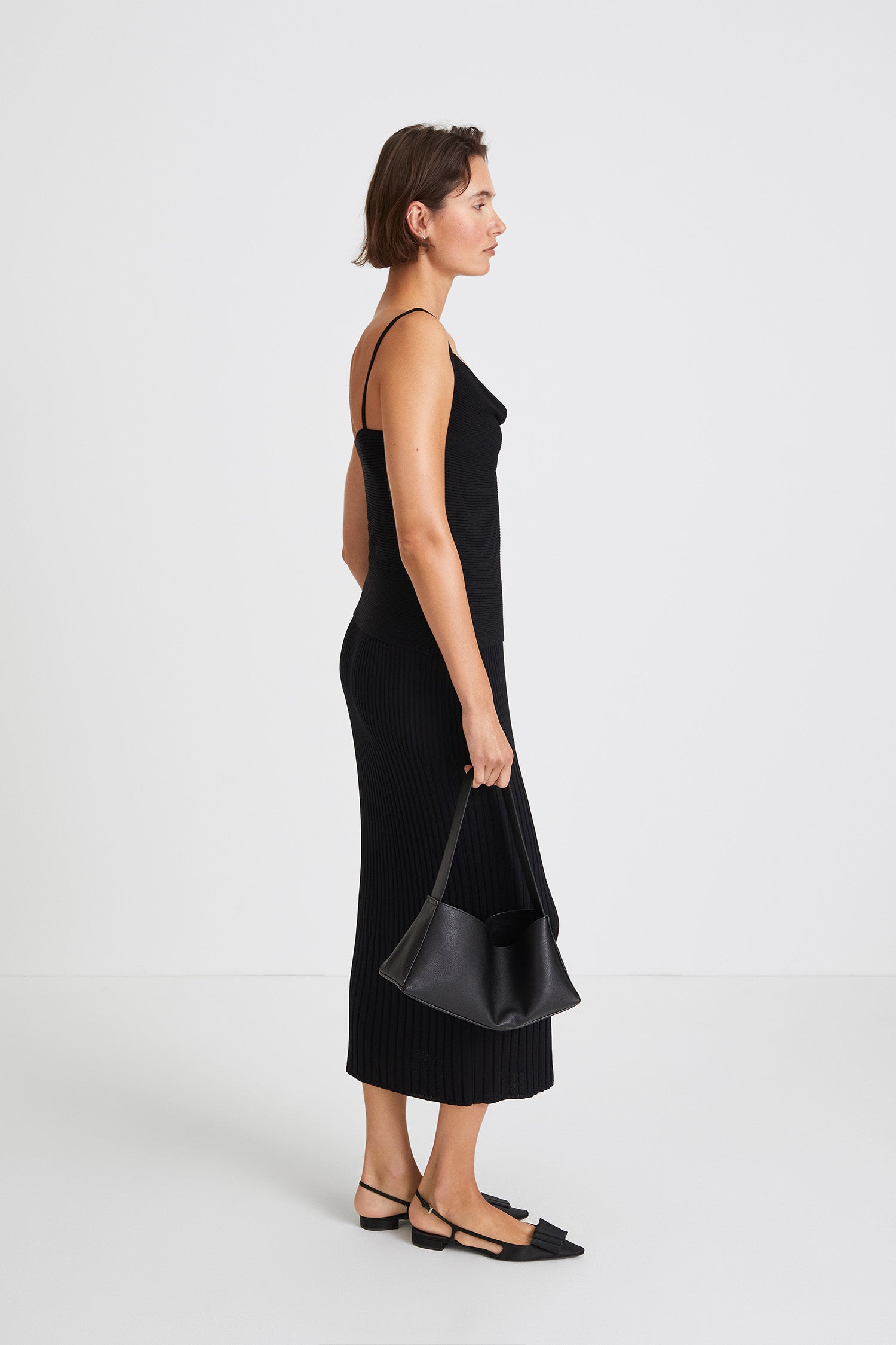 Palora top fine knitted straps straight neckline draped front black stylein side image