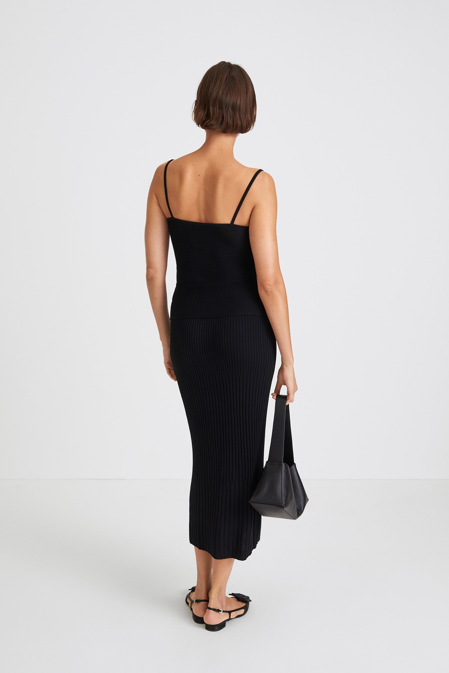 Palora top fine knitted straps straight neckline draped front black stylein back image