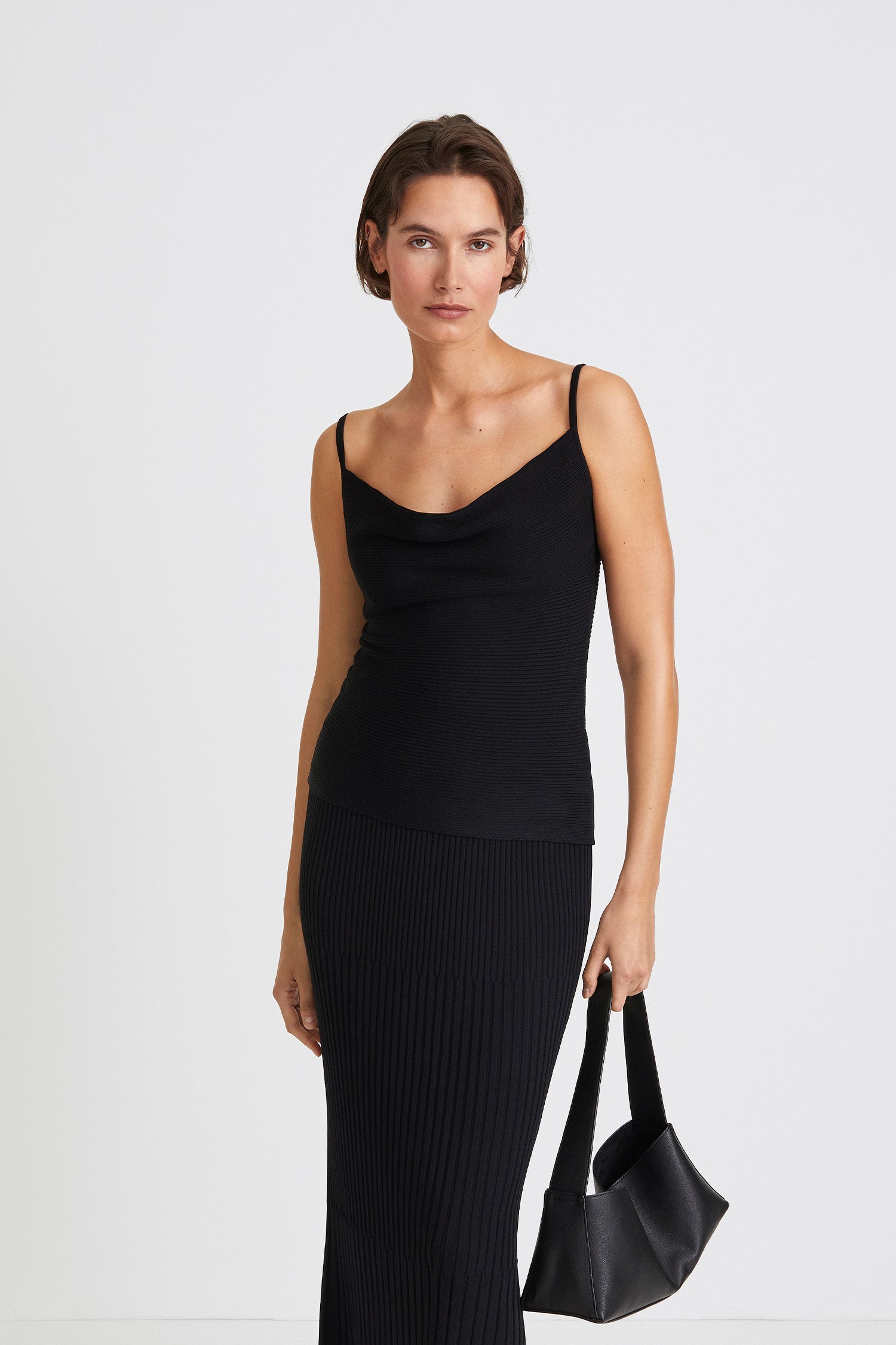 Palora top fine knitted straps straight neckline draped front black stylein front image