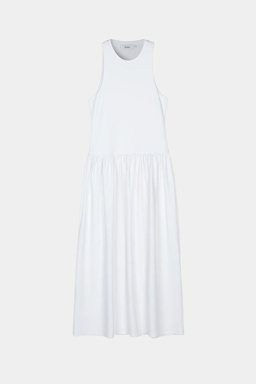 Janni dress tight fitted jersey top softly gathered skirt sleeveless white stylein front image