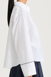 White wide sleeve shirt stylein jovanna side close up model image