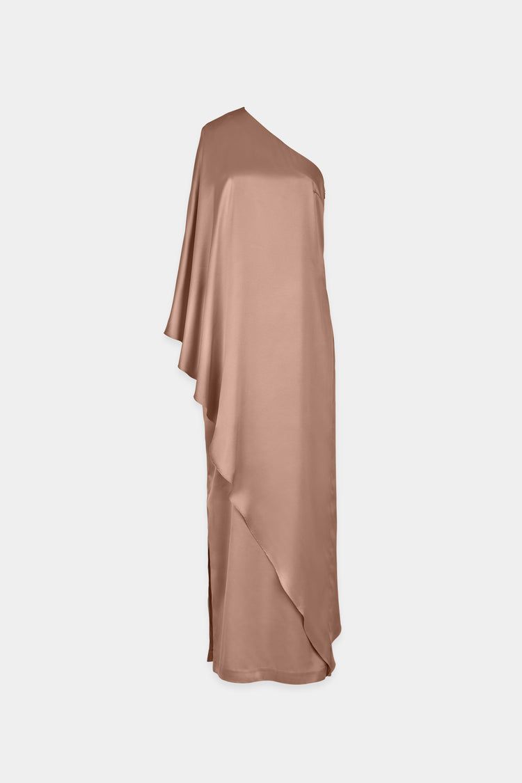 Magdalena dress straight fitted one shoulder full length draping detail shiny fabric taupe stylein packshot