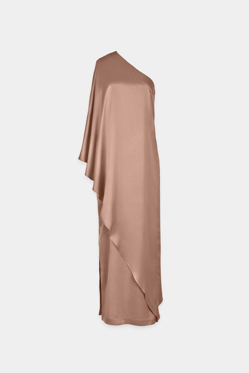 Magdalena dress straight fitted one shoulder full length draping detail shiny fabric taupe stylein front image