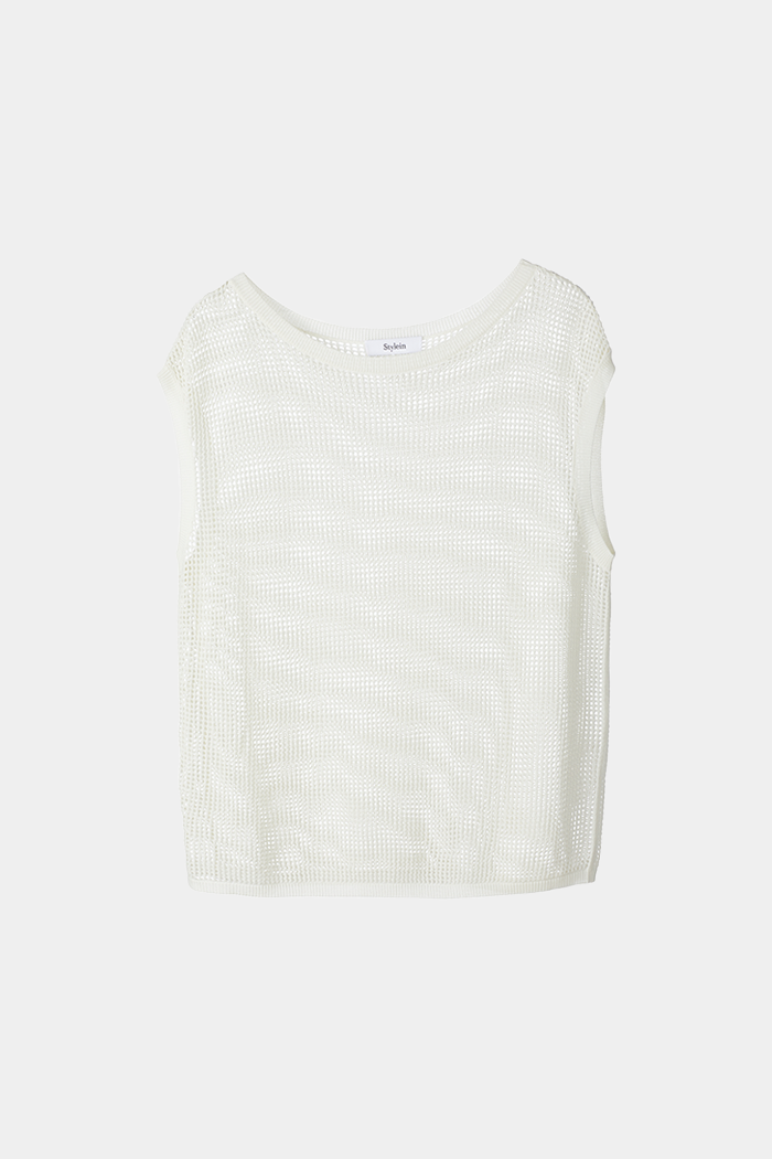 Orion top sleeveless mesh knitted seethrough straight boxy fit boat neckline  dropped shoulders cream stylein packshot