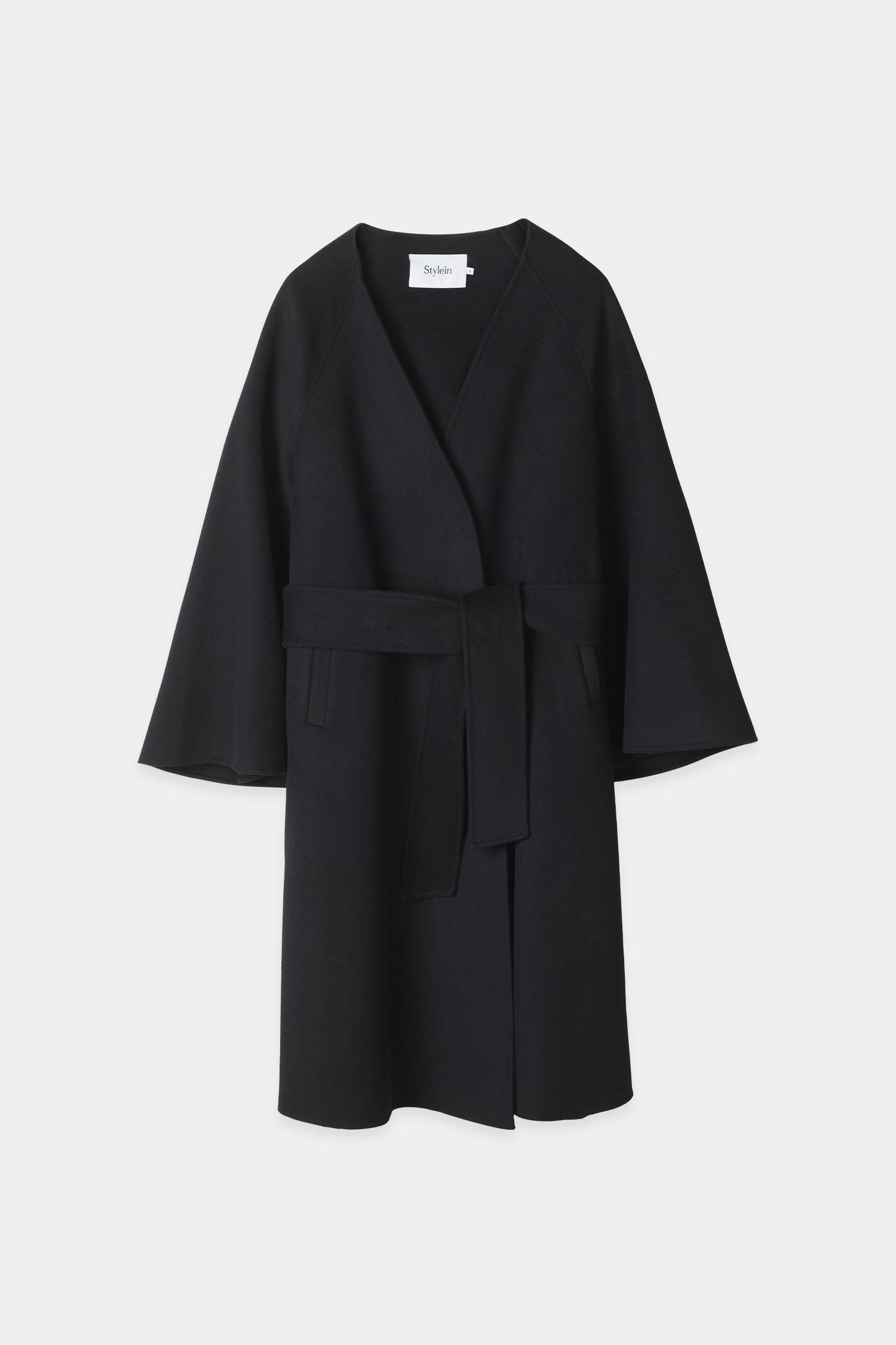 Trento coat long kimono inspired dropped shoulders flared full length sleeves attached belt wool mix black stylein packshot