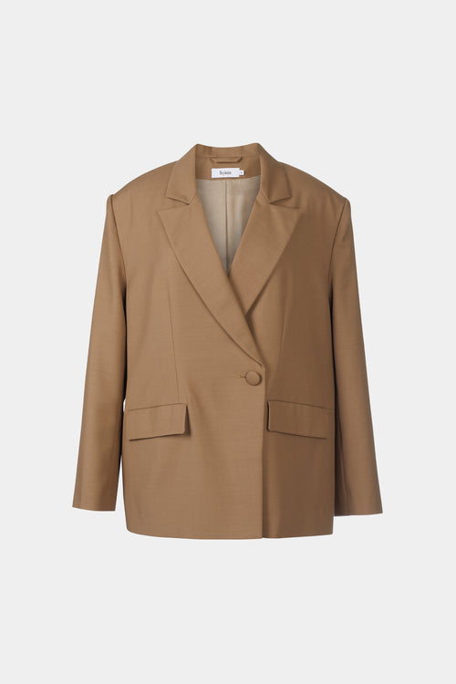 Burano blazer wool mix oversized double breasted slit at sleeve thin shoulder pads semi stand collar beige stylein front image