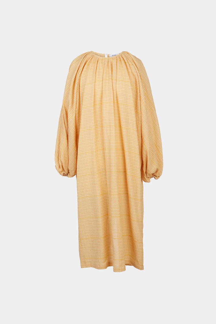 Jasmine dress seersucker midi voluminous full length sleeves rounded neckline keyhole back yellow stylein packshot