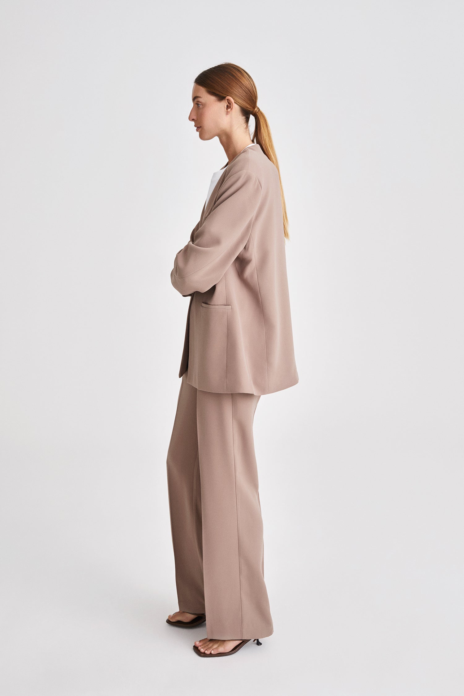 Bastian blazer thin shoulder pads wide silhouette full length nougat stylein side image