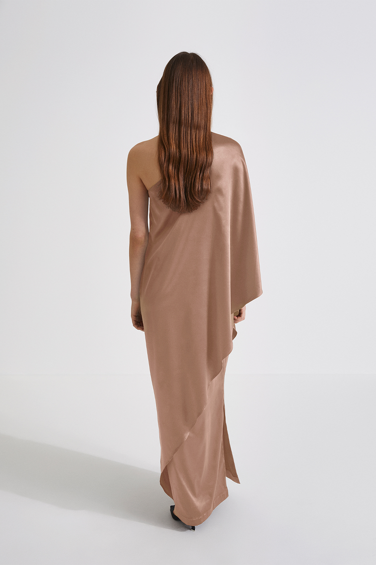 Magdalena dress straight fitted one shoulder full length draping detail shiny fabric taupe stylein back image
