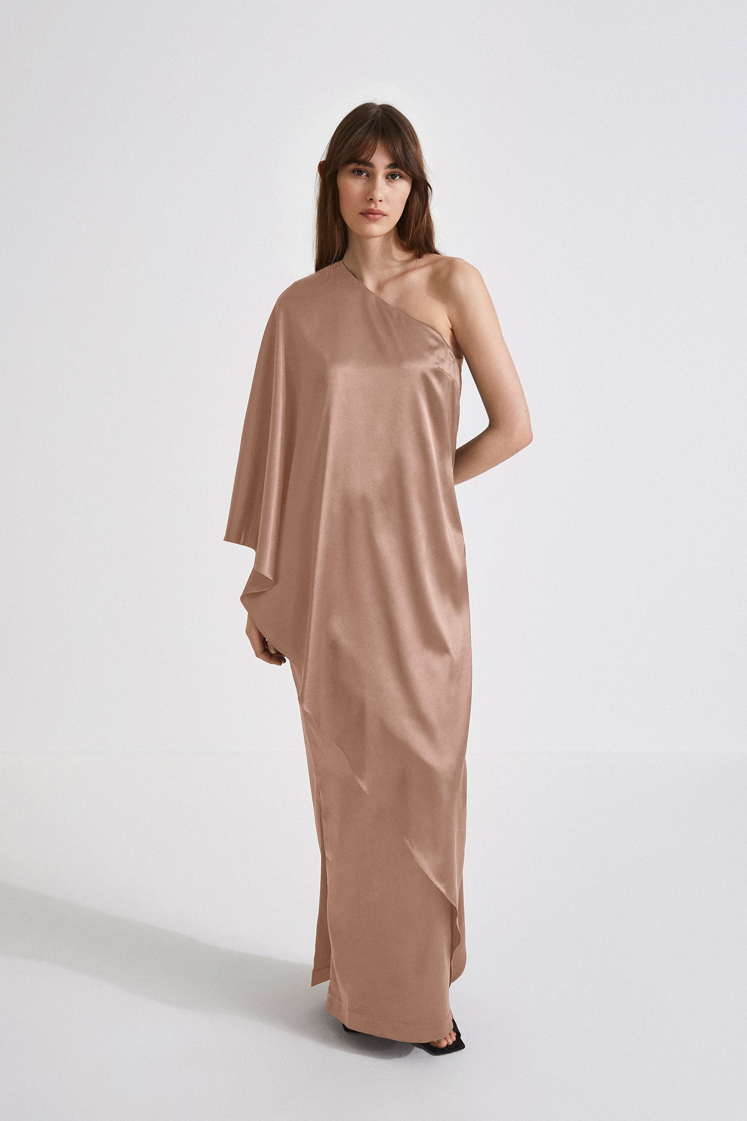Magdalena dress straight fitted one shoulder full length draping detail shiny fabric taupe stylein front image