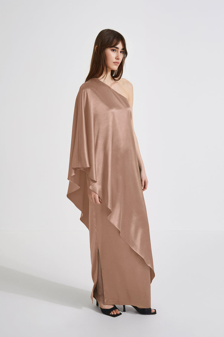 Magdalena dress straight fitted one shoulder full length draping detail shiny fabric taupe stylein side image