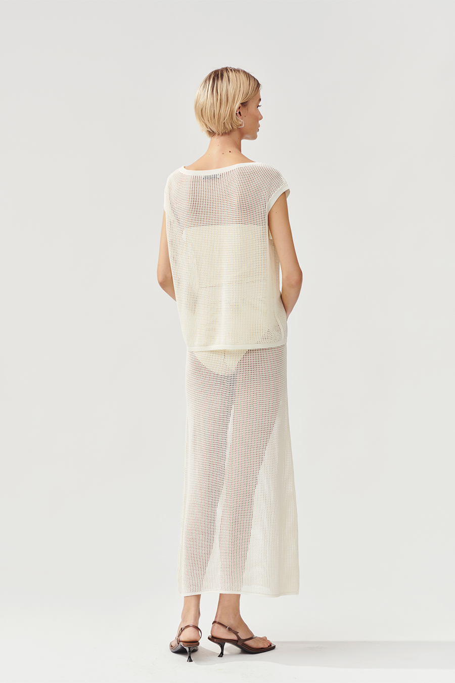 Orion top sleeveless mesh knitted seethrough straight boxy fit boat neckline  dropped shoulders cream stylein back image